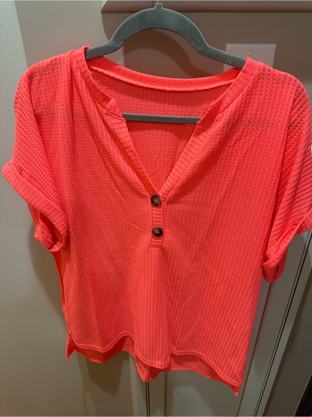 SHEIN Coral Waffle Knit Short Sleeve Henley Top